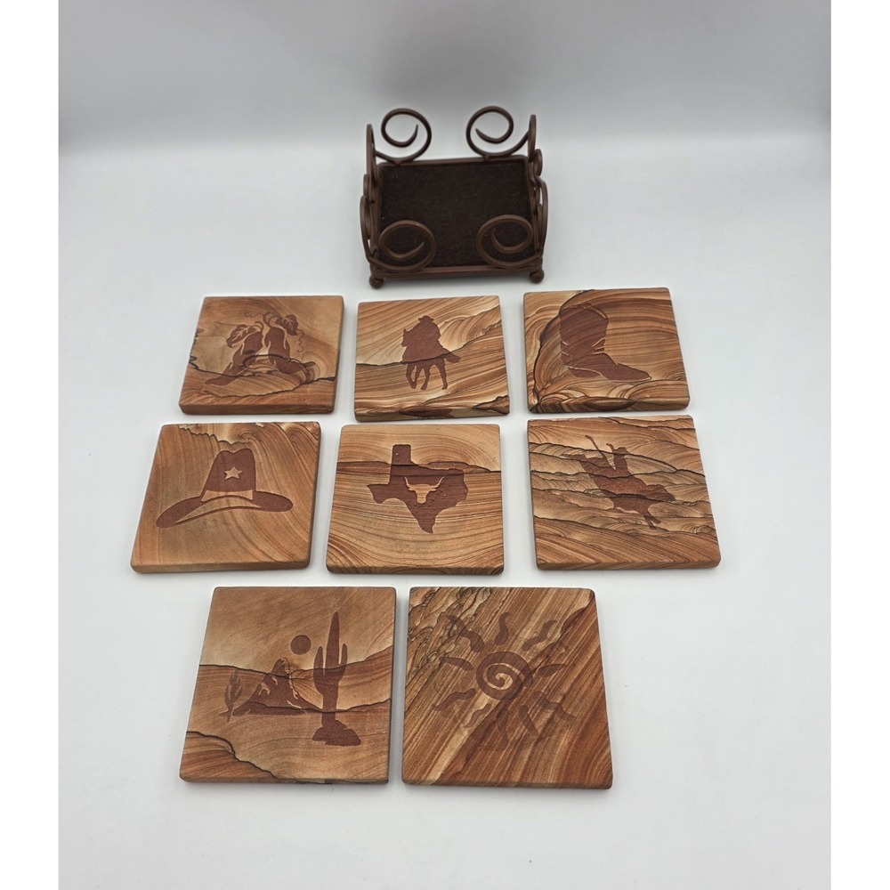 King Ranch Engraved Sanded Tile Coaster Set with Holder Western Horses Texas 9pc